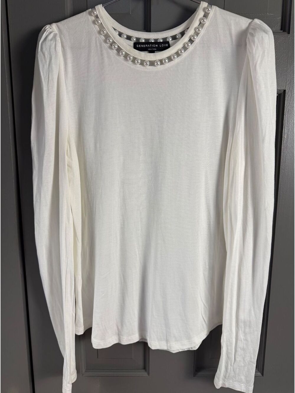 Generation Love Women's White Melina Pearl Embellished Long Sleeve Top Sz S